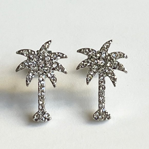 Palm Tree Earrings Crystal Silver Plated Post Stud Tropical Island Beach Life - Picture 1 of 8
